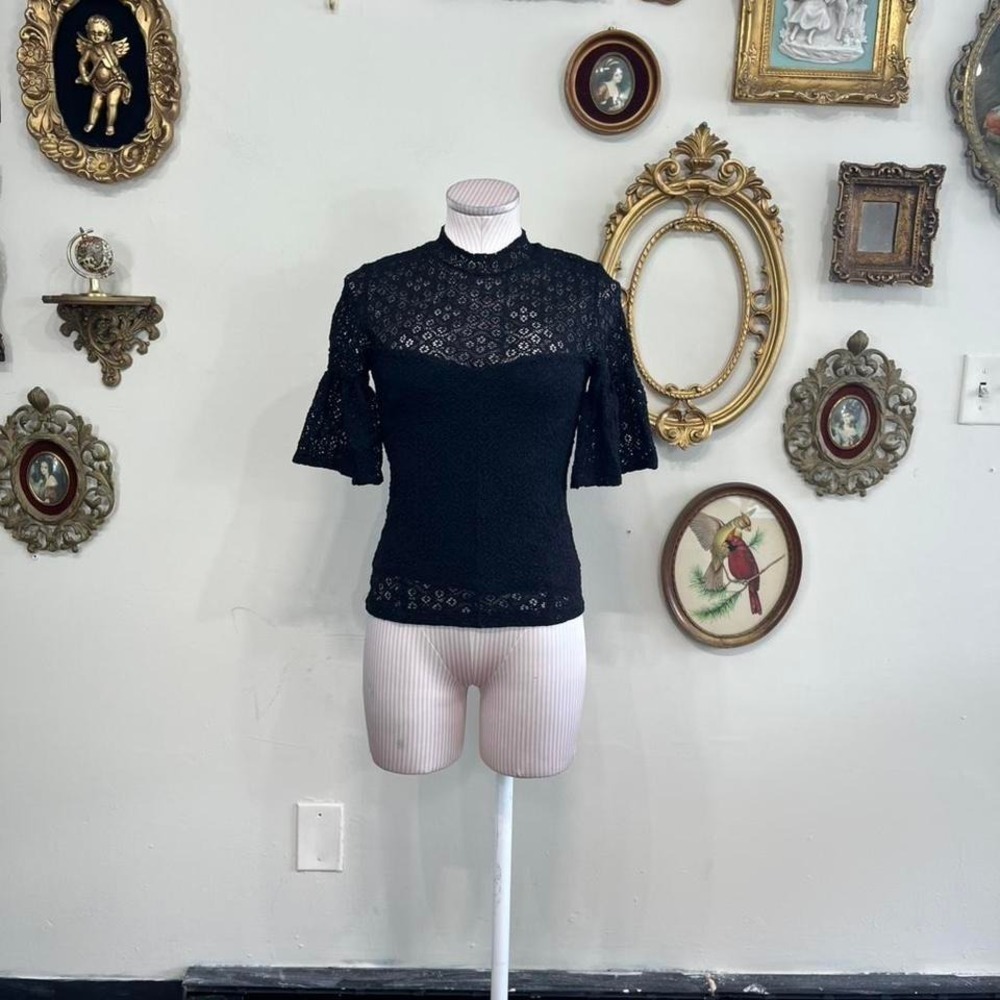 Nightcap Clothing Black French Lace Mock Neck Bell Sleeve Top - Size S